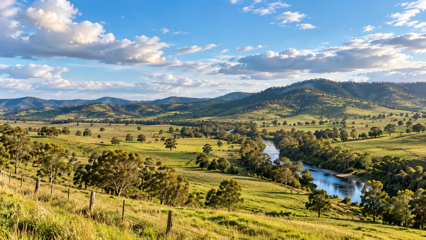 Paddocks, gum trees and the Hunter River below the hills of the Upper Hunter