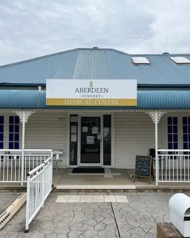 The Aberdeen Surgery sign on the blue verandah at 1 Segenhoe Street